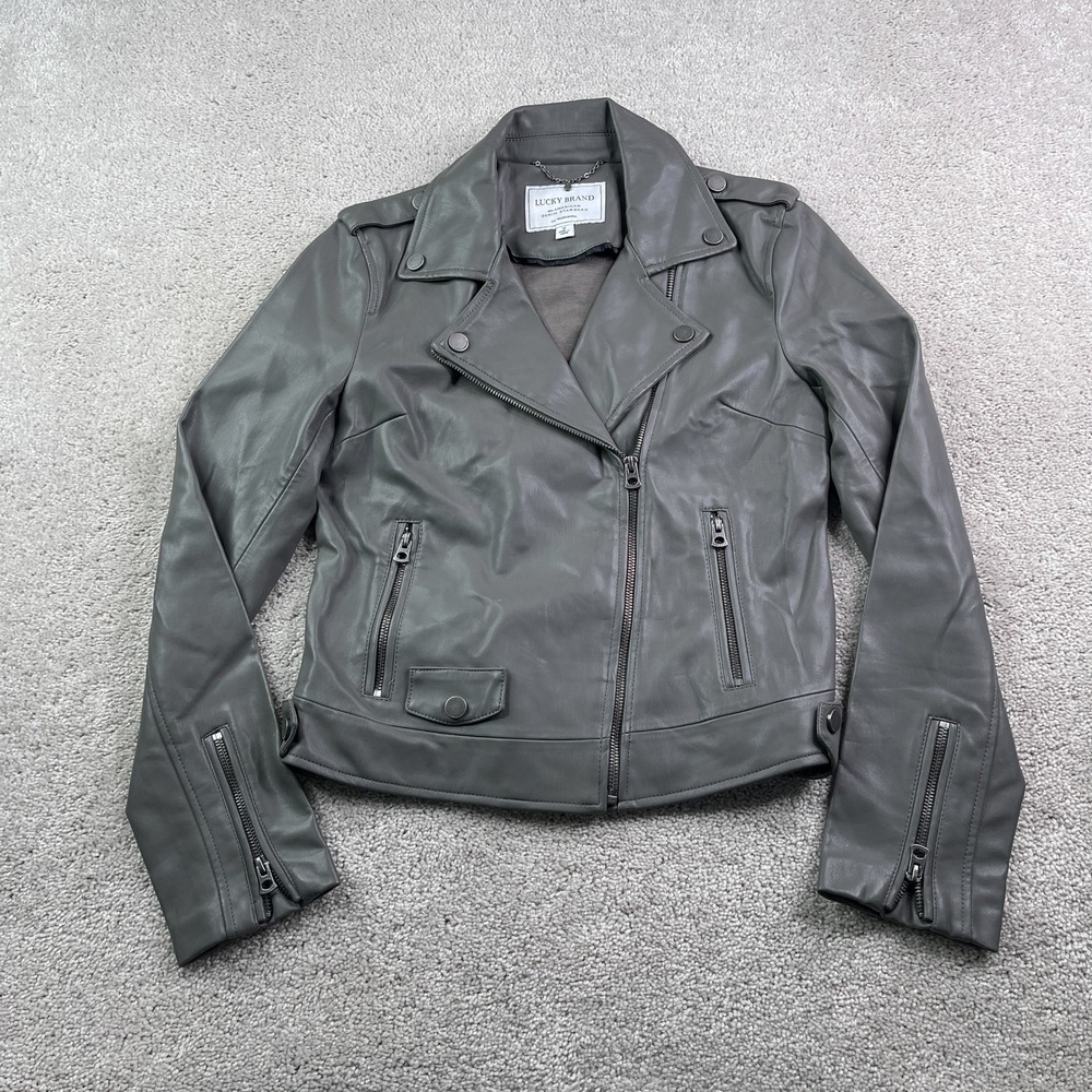 Lucky Brand Jacket Womens Small Gray Moto Biker Faux Leather Edgy Asymmetrical‎